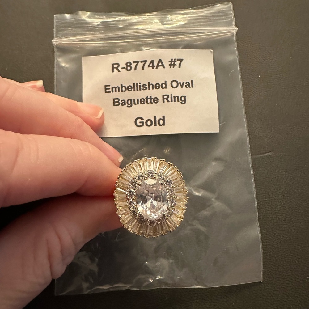 Gold Embellished Oval Baguette Ring